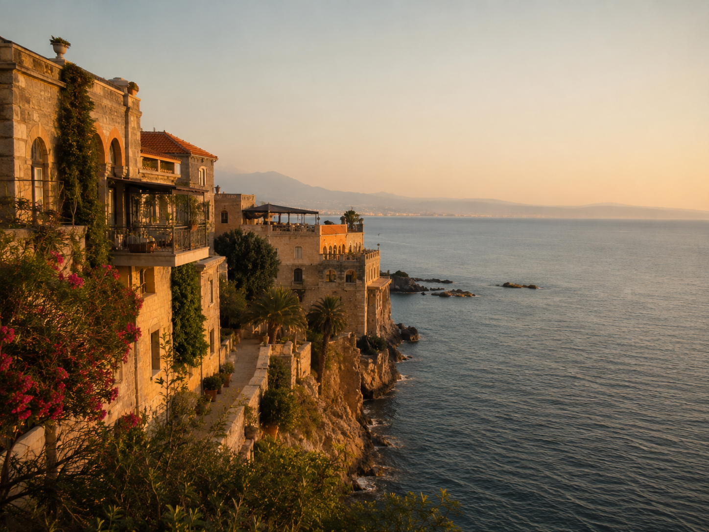 Mediterranean coastal town at sunset